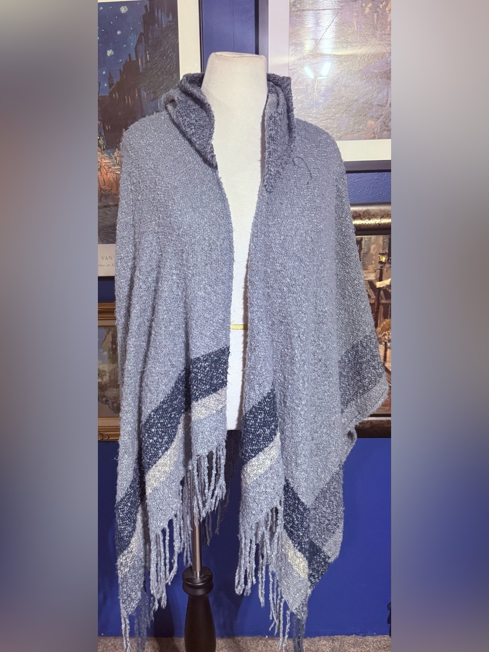 Simply Noelle Heather Gray Hooded Fringe Poncho with Navy Stripe